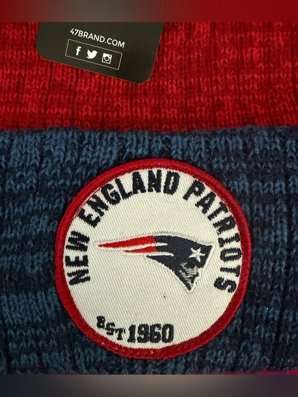 47 Brand New England Patriots Warm Adult OSFM Pom Beanie - Navy/Red/White NWT